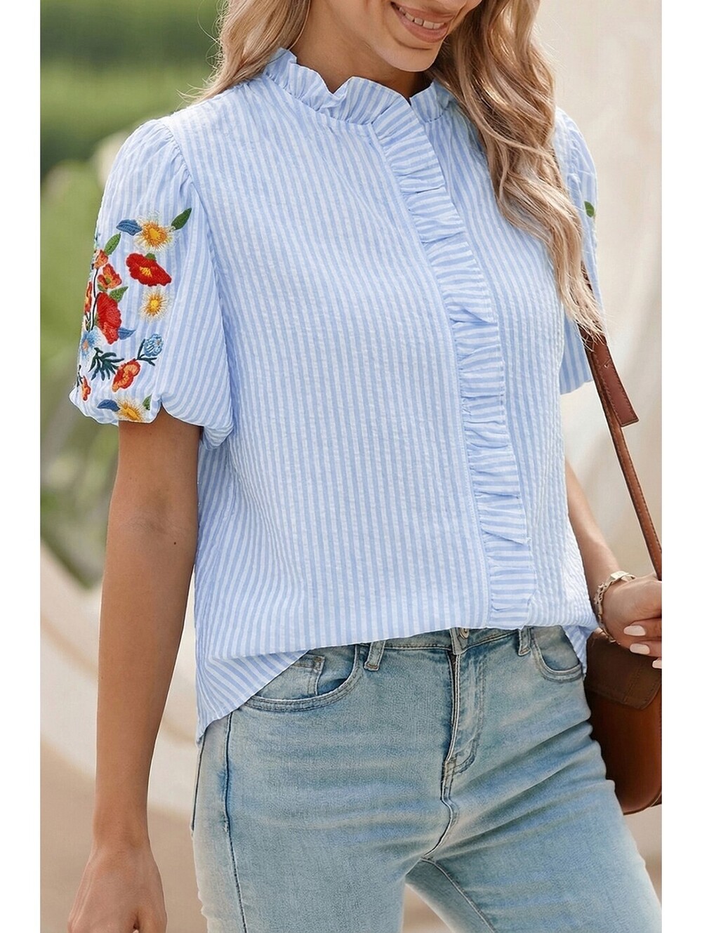 Women's Light Blue Striped Blouse with Floral Embroidered Puff Sleeves